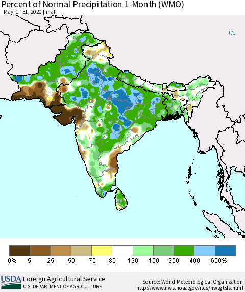 Southern Asia Percent of Normal Precipitation 1-Month (WMO) Thematic Map For 5/1/2020 - 5/31/2020