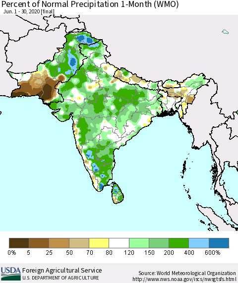 Southern Asia Percent of Normal Precipitation 1-Month (WMO) Thematic Map For 6/1/2020 - 6/30/2020