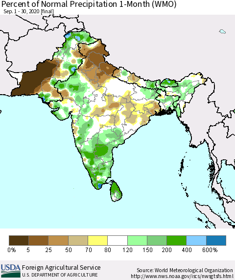 Southern Asia Percent of Normal Precipitation 1-Month (WMO) Thematic Map For 9/1/2020 - 9/30/2020
