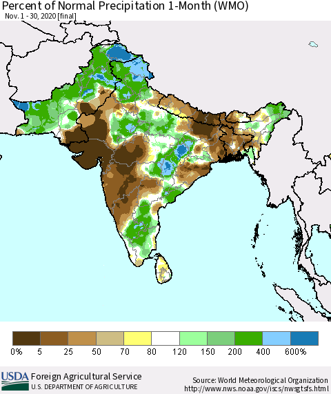 Southern Asia Percent of Normal Precipitation 1-Month (WMO) Thematic Map For 11/1/2020 - 11/30/2020