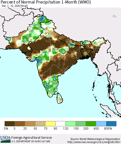 Southern Asia Percent of Normal Precipitation 1-Month (WMO) Thematic Map For 12/1/2020 - 12/31/2020