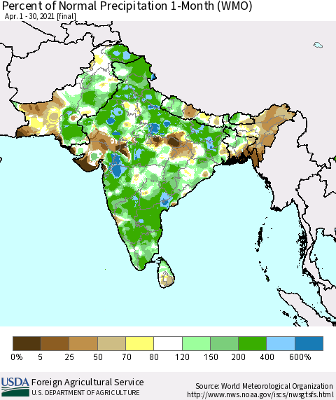Southern Asia Percent of Normal Precipitation 1-Month (WMO) Thematic Map For 4/1/2021 - 4/30/2021