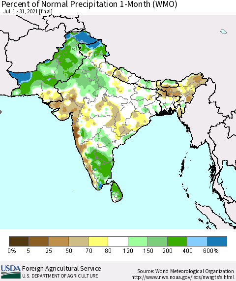Southern Asia Percent of Normal Precipitation 1-Month (WMO) Thematic Map For 7/1/2021 - 7/31/2021