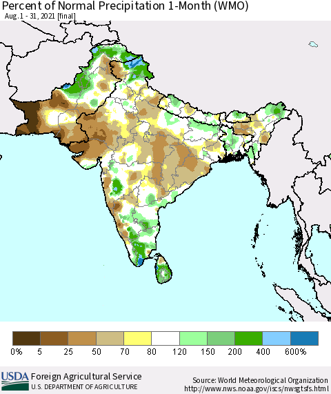 Southern Asia Percent of Normal Precipitation 1-Month (WMO) Thematic Map For 8/1/2021 - 8/31/2021