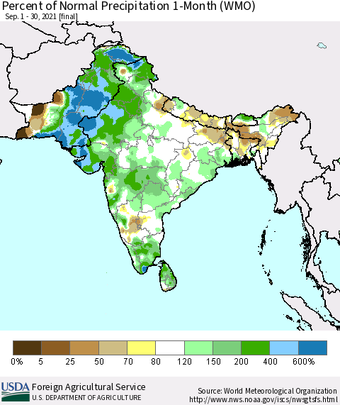 Southern Asia Percent of Normal Precipitation 1-Month (WMO) Thematic Map For 9/1/2021 - 9/30/2021