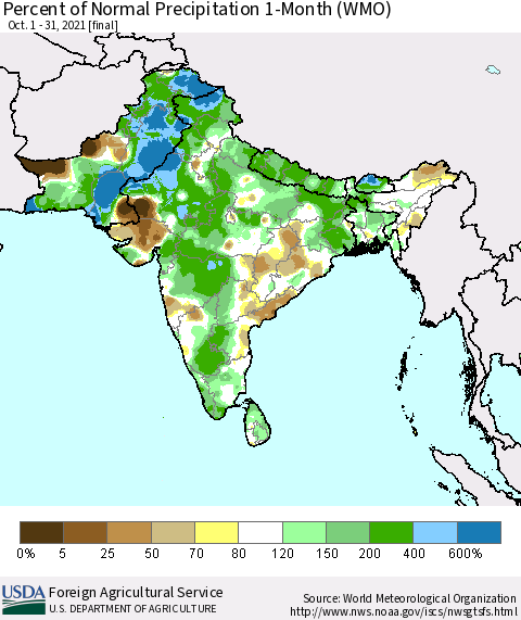 Southern Asia Percent of Normal Precipitation 1-Month (WMO) Thematic Map For 10/1/2021 - 10/31/2021