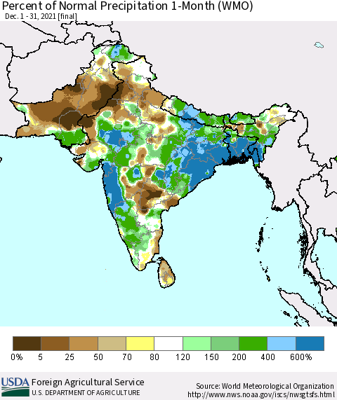 Southern Asia Percent of Normal Precipitation 1-Month (WMO) Thematic Map For 12/1/2021 - 12/31/2021