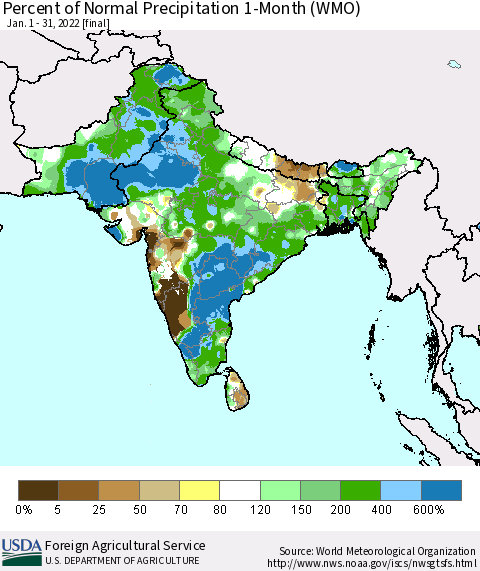 Southern Asia Percent of Normal Precipitation 1-Month (WMO) Thematic Map For 1/1/2022 - 1/31/2022