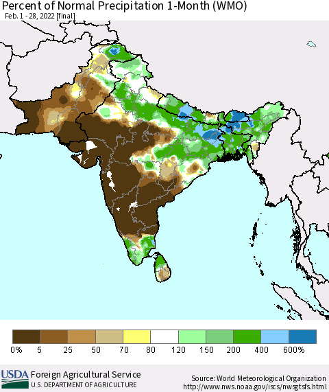 Southern Asia Percent of Normal Precipitation 1-Month (WMO) Thematic Map For 2/1/2022 - 2/28/2022