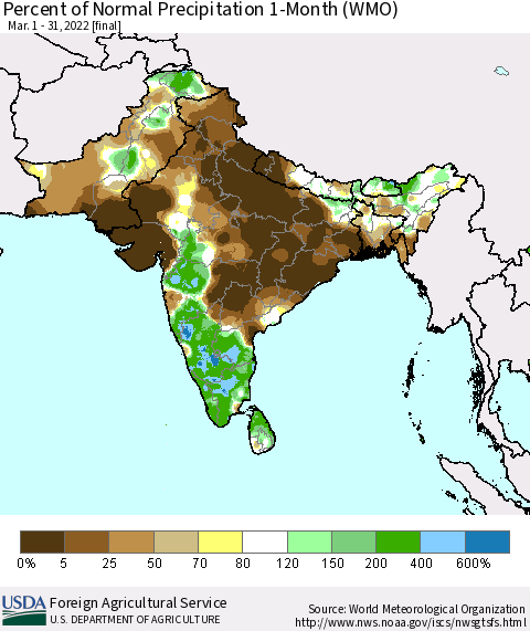 Southern Asia Percent of Normal Precipitation 1-Month (WMO) Thematic Map For 3/1/2022 - 3/31/2022