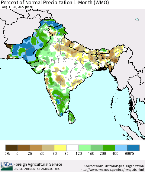 Southern Asia Percent of Normal Precipitation 1-Month (WMO) Thematic Map For 8/1/2022 - 8/31/2022