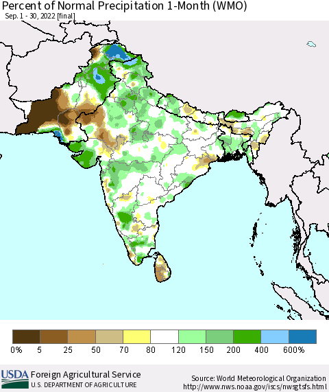Southern Asia Percent of Normal Precipitation 1-Month (WMO) Thematic Map For 9/1/2022 - 9/30/2022