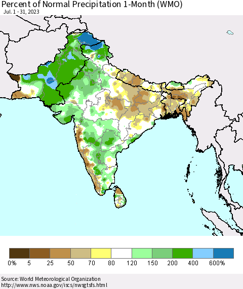 Southern Asia Percent of Normal Precipitation 1-Month (WMO) Thematic Map For 7/1/2023 - 7/31/2023