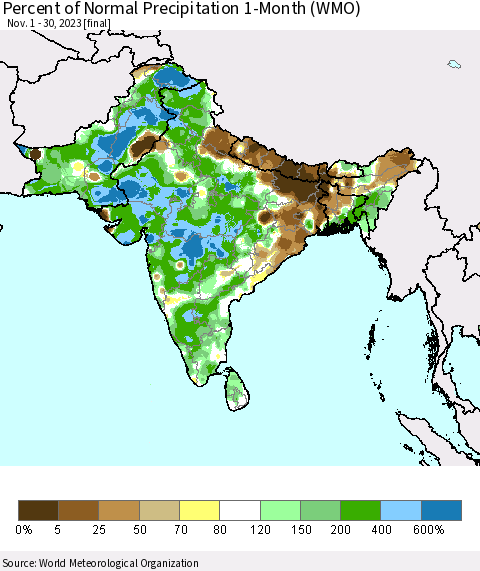 Southern Asia Percent of Normal Precipitation 1-Month (WMO) Thematic Map For 11/1/2023 - 11/30/2023