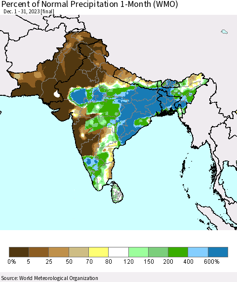 Southern Asia Percent of Normal Precipitation 1-Month (WMO) Thematic Map For 12/1/2023 - 12/31/2023