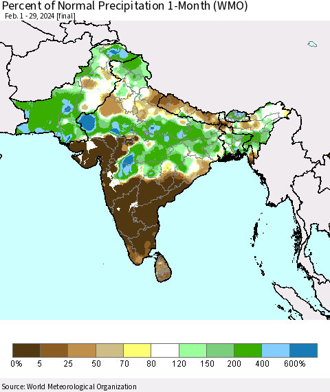 Southern Asia Percent of Normal Precipitation 1-Month (WMO) Thematic Map For 2/1/2024 - 2/29/2024