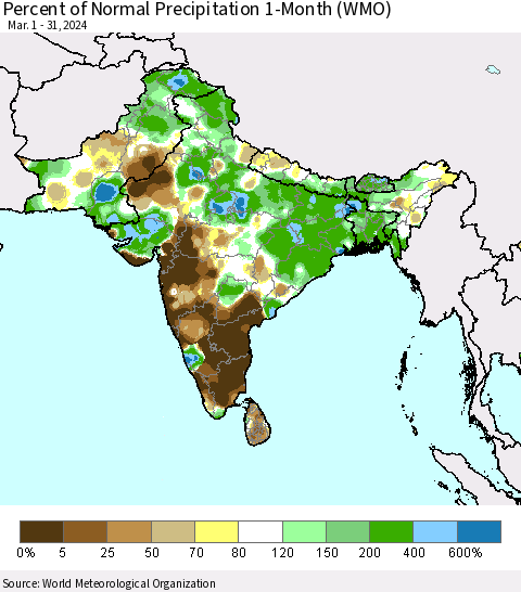 Southern Asia Percent of Normal Precipitation 1-Month (WMO) Thematic Map For 3/1/2024 - 3/31/2024