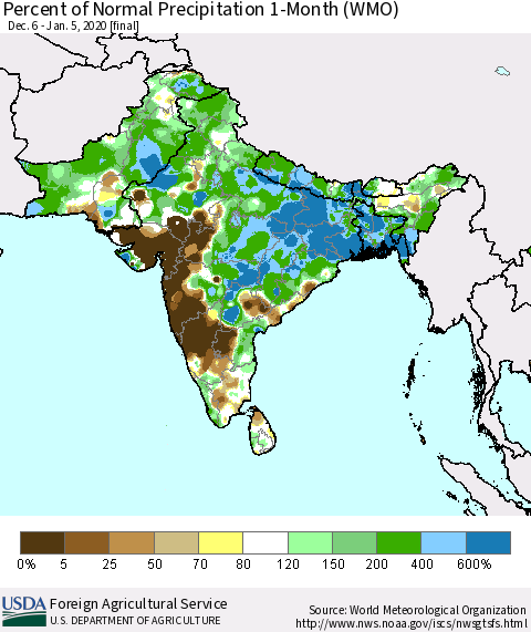 Southern Asia Percent of Normal Precipitation 1-Month (WMO) Thematic Map For 12/6/2019 - 1/5/2020
