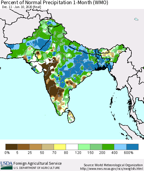 Southern Asia Percent of Normal Precipitation 1-Month (WMO) Thematic Map For 12/11/2019 - 1/10/2020