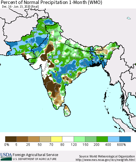 Southern Asia Percent of Normal Precipitation 1-Month (WMO) Thematic Map For 12/16/2019 - 1/15/2020