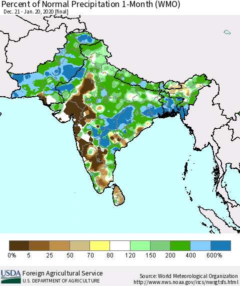 Southern Asia Percent of Normal Precipitation 1-Month (WMO) Thematic Map For 12/21/2019 - 1/20/2020