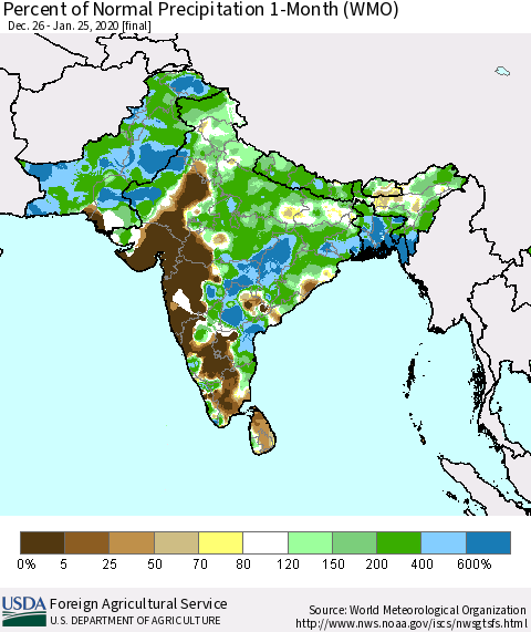Southern Asia Percent of Normal Precipitation 1-Month (WMO) Thematic Map For 12/26/2019 - 1/25/2020