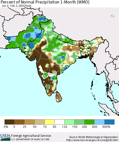 Southern Asia Percent of Normal Precipitation 1-Month (WMO) Thematic Map For 1/6/2020 - 2/5/2020