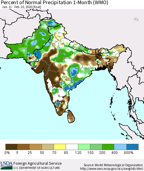 Southern Asia Percent of Normal Precipitation 1-Month (WMO) Thematic Map For 1/11/2020 - 2/10/2020