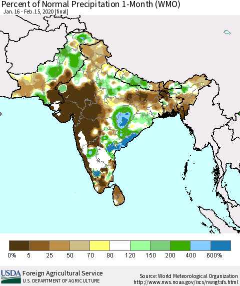 Southern Asia Percent of Normal Precipitation 1-Month (WMO) Thematic Map For 1/16/2020 - 2/15/2020