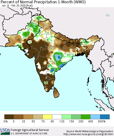 Southern Asia Percent of Normal Precipitation 1-Month (WMO) Thematic Map For 1/21/2020 - 2/20/2020