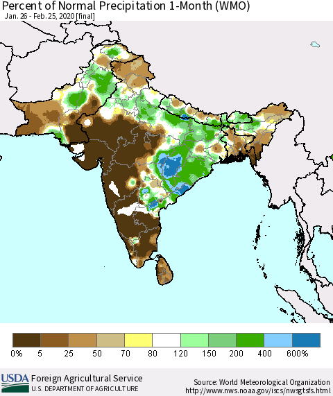 Southern Asia Percent of Normal Precipitation 1-Month (WMO) Thematic Map For 1/26/2020 - 2/25/2020