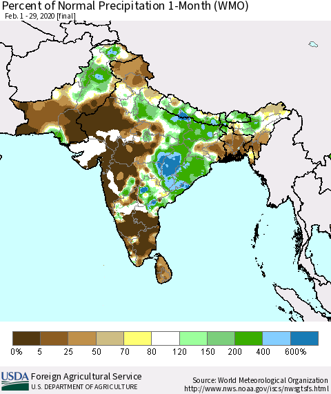 Southern Asia Percent of Normal Precipitation 1-Month (WMO) Thematic Map For 2/1/2020 - 2/29/2020