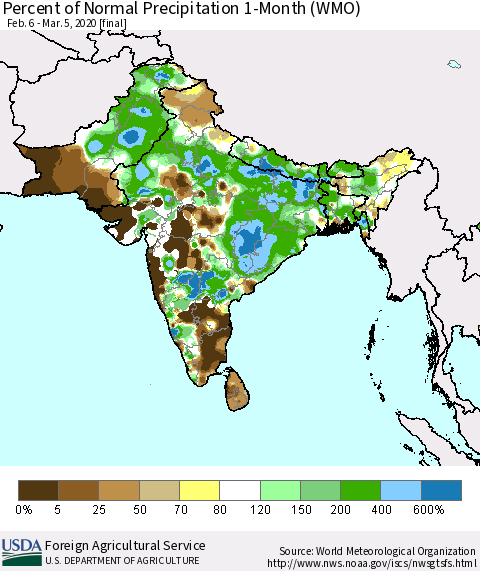 Southern Asia Percent of Normal Precipitation 1-Month (WMO) Thematic Map For 2/6/2020 - 3/5/2020
