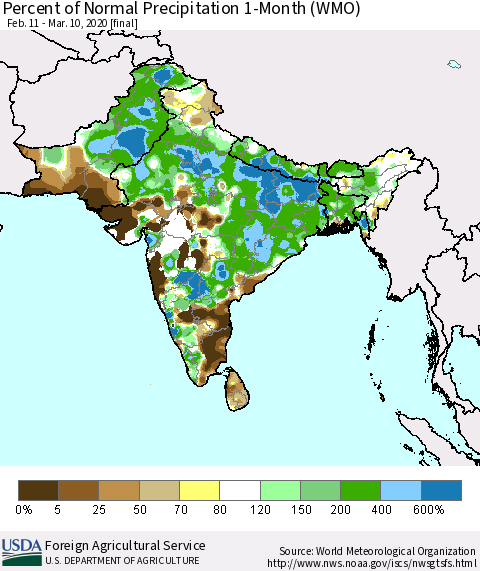 Southern Asia Percent of Normal Precipitation 1-Month (WMO) Thematic Map For 2/11/2020 - 3/10/2020