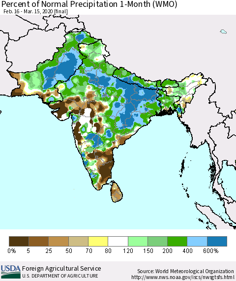 Southern Asia Percent of Normal Precipitation 1-Month (WMO) Thematic Map For 2/16/2020 - 3/15/2020