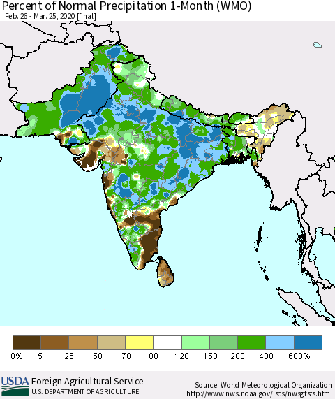 Southern Asia Percent of Normal Precipitation 1-Month (WMO) Thematic Map For 2/26/2020 - 3/25/2020