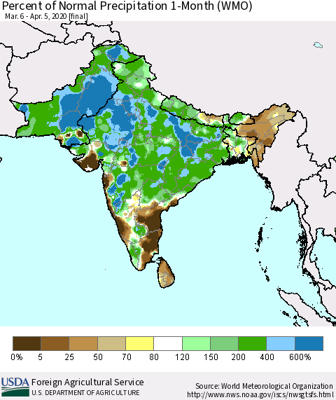 Southern Asia Percent of Normal Precipitation 1-Month (WMO) Thematic Map For 3/6/2020 - 4/5/2020