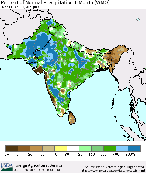 Southern Asia Percent of Normal Precipitation 1-Month (WMO) Thematic Map For 3/11/2020 - 4/10/2020