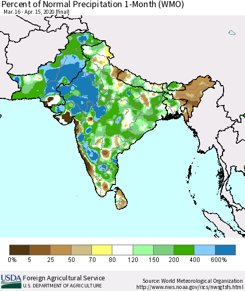 Southern Asia Percent of Normal Precipitation 1-Month (WMO) Thematic Map For 3/16/2020 - 4/15/2020