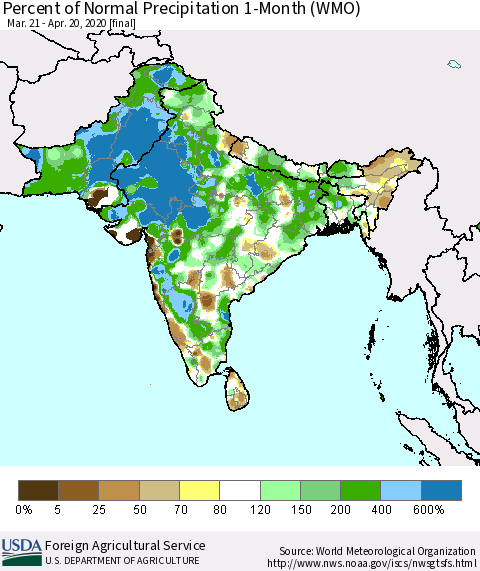 Southern Asia Percent of Normal Precipitation 1-Month (WMO) Thematic Map For 3/21/2020 - 4/20/2020