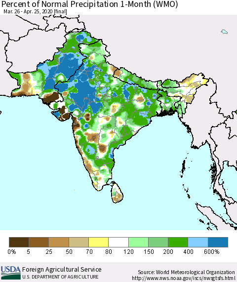 Southern Asia Percent of Normal Precipitation 1-Month (WMO) Thematic Map For 3/26/2020 - 4/25/2020