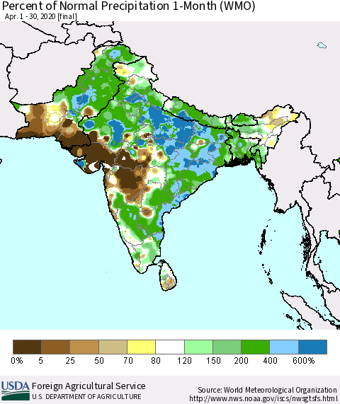 Southern Asia Percent of Normal Precipitation 1-Month (WMO) Thematic Map For 4/1/2020 - 4/30/2020