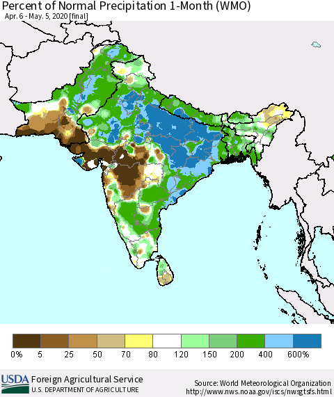 Southern Asia Percent of Normal Precipitation 1-Month (WMO) Thematic Map For 4/6/2020 - 5/5/2020