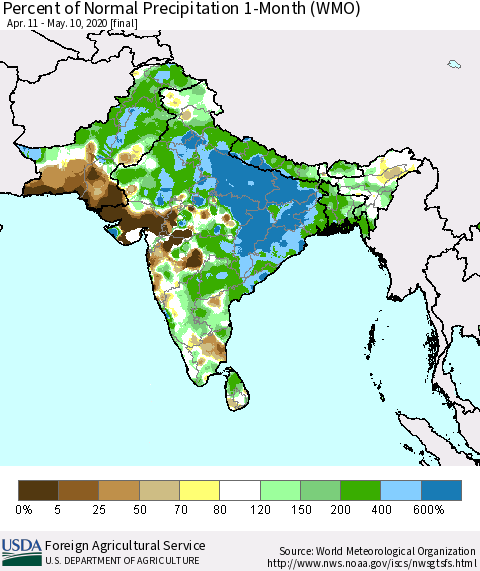 Southern Asia Percent of Normal Precipitation 1-Month (WMO) Thematic Map For 4/11/2020 - 5/10/2020