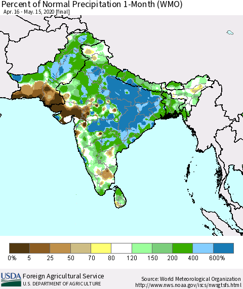 Southern Asia Percent of Normal Precipitation 1-Month (WMO) Thematic Map For 4/16/2020 - 5/15/2020