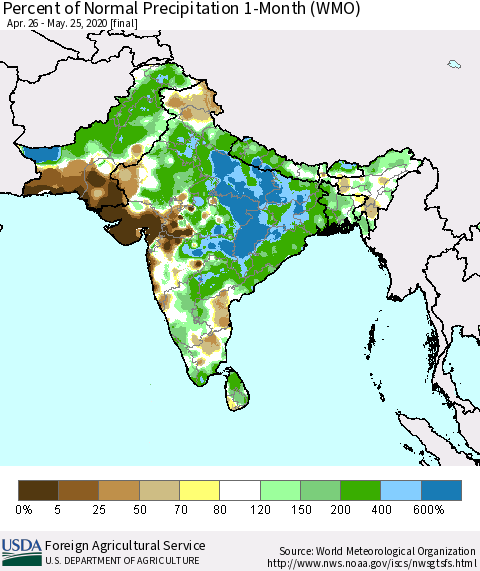Southern Asia Percent of Normal Precipitation 1-Month (WMO) Thematic Map For 4/26/2020 - 5/25/2020