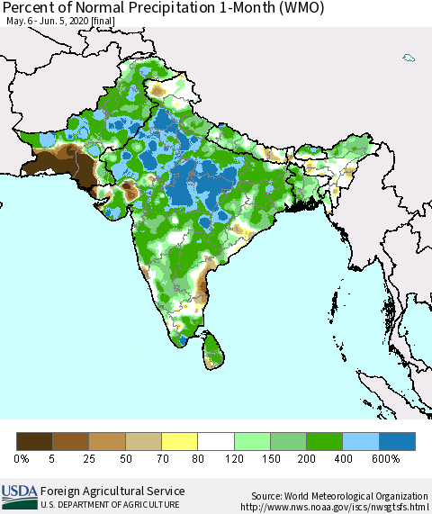 Southern Asia Percent of Normal Precipitation 1-Month (WMO) Thematic Map For 5/6/2020 - 6/5/2020