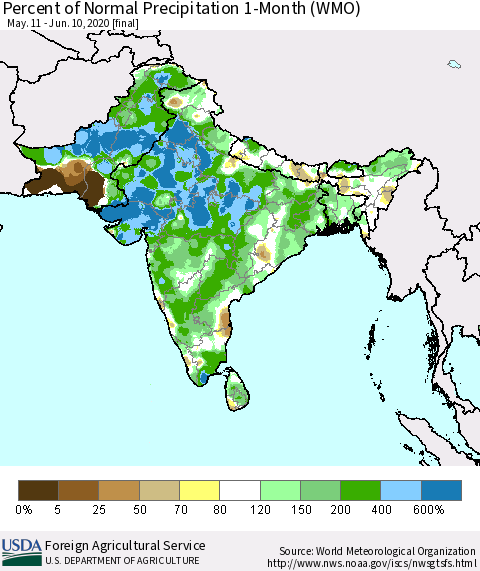 Southern Asia Percent of Normal Precipitation 1-Month (WMO) Thematic Map For 5/11/2020 - 6/10/2020