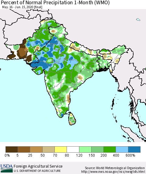 Southern Asia Percent of Normal Precipitation 1-Month (WMO) Thematic Map For 5/16/2020 - 6/15/2020
