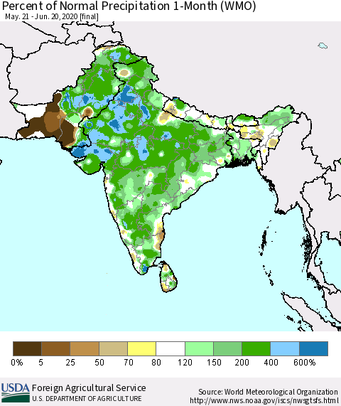 Southern Asia Percent of Normal Precipitation 1-Month (WMO) Thematic Map For 5/21/2020 - 6/20/2020
